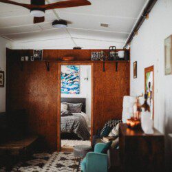 Modern living space inside restored railcar at Alaska adventure lodge in Fairbanks.