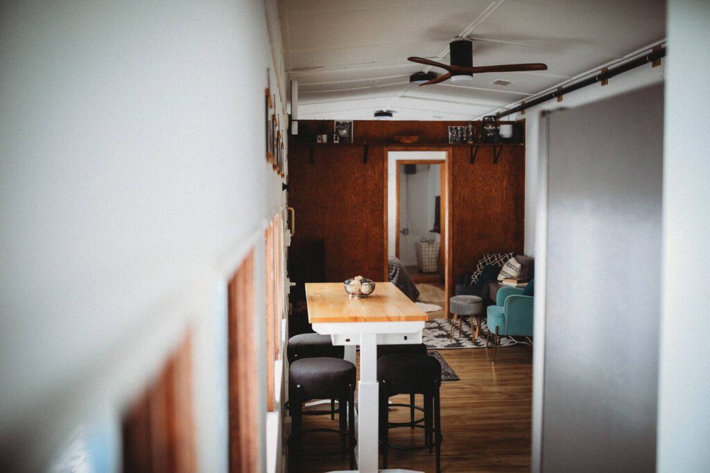 Stylish interior of restored railcar lodge stay in Fairbanks, Alaska.