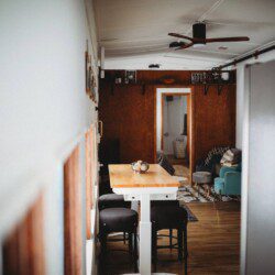Stylish interior of restored railcar lodge stay in Fairbanks, Alaska.