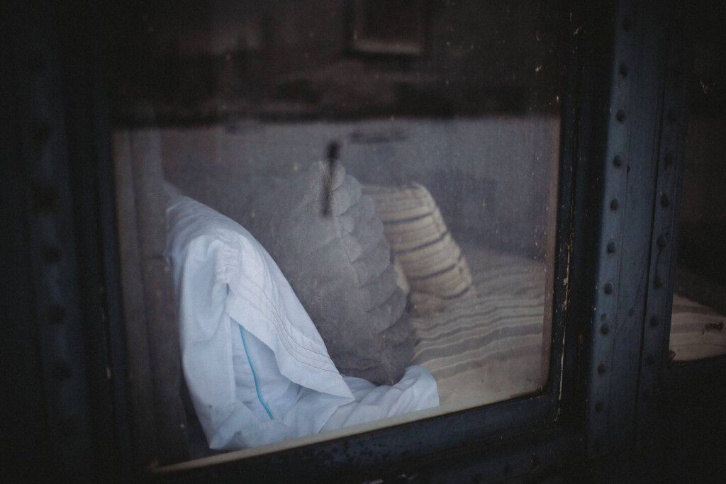 Pillows and bed inside United States Senate railcar lodge in Fairbanks, Alaska.