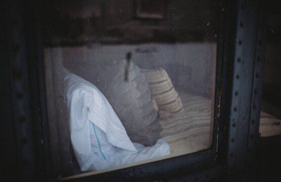 Pillows and bed inside United States Senate railcar lodge in Fairbanks, Alaska.