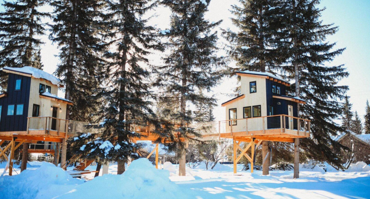 Modern treehouse cabins in snowy Fairbanks at a unique Alaska adventure lodge.
